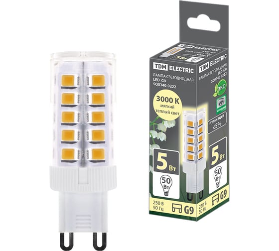 Светодиодная лампа TDM G9-5 Вт-230 В-3000 К, SMD, 16x49 мм SQ0340-0222
