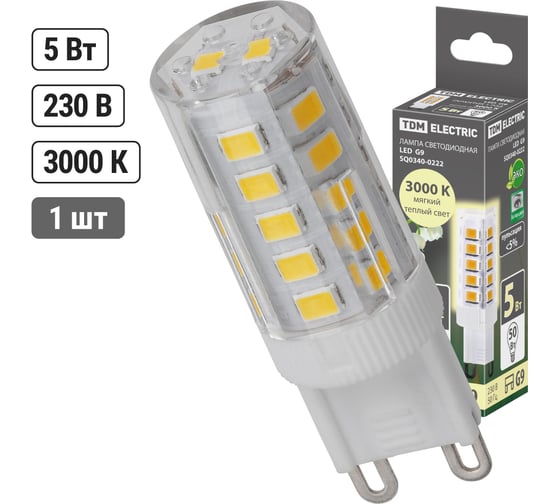 Светодиодная лампа TDM ELECTRIC G9-5 Вт-230 В-3000 К, SMD, 16x49 мм SQ0340-0222