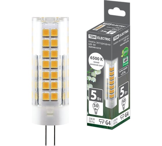 Светодиодная лампа TDM G4-5 Вт-230 В-6500 К, SMD, 16x55 мм SQ0340-0218