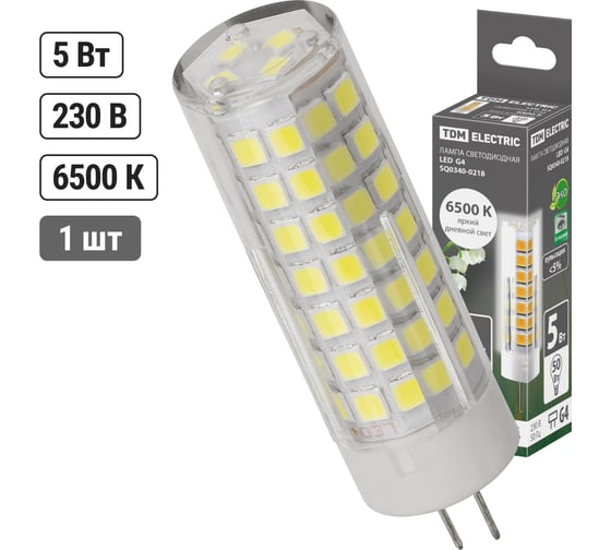 Светодиодная лампа TDM ELECTRIC G4-5 Вт-230 В-6500 К, SMD, 16x55 мм SQ0340-0218
