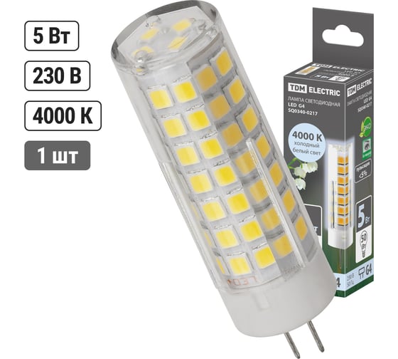 Светодиодная лампа TDM ELECTRIC G4-5 Вт-230 В-4000 К, SMD, 16x55 мм SQ0340-0217