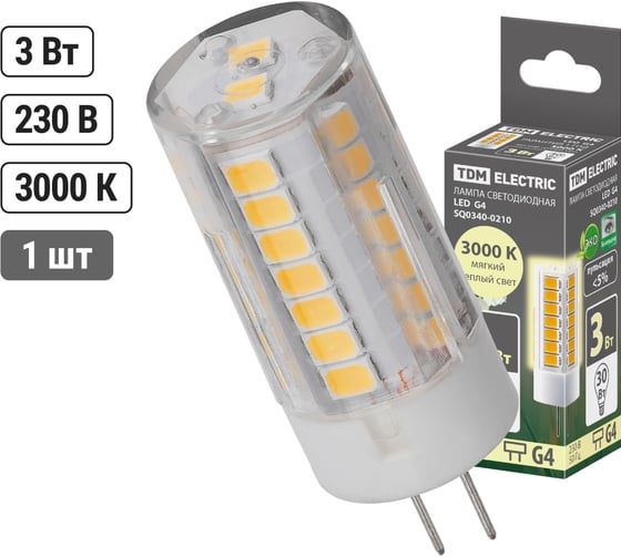 Светодиодная лампа TDM ELECTRIC G4-3 Вт-230 В-3000 К, SMD, 16x43 мм SQ0340-0210