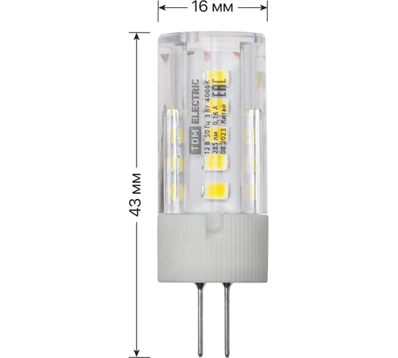 Светодиодная лампа TDM ELECTRIC G4-3 Вт-AC/DC 12 В-4000 К, SMD, 16x43 мм SQ0340-0094