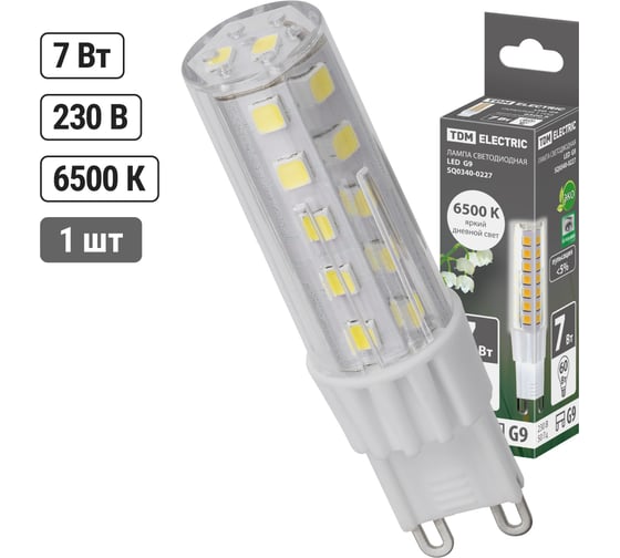 Светодиодная лампа TDM ELECTRIC G9-7 Вт-230 В-6500 К, SMD, 17,5x65,5 мм SQ0340-0227