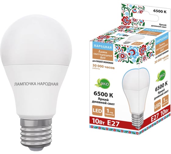 Светодиодная лампа TDM ELECTRIC НЛ-LED230-A60-10 Вт-230 В-6500 К-Е27, 60х106 мм, Народная SQ0340-1628 1