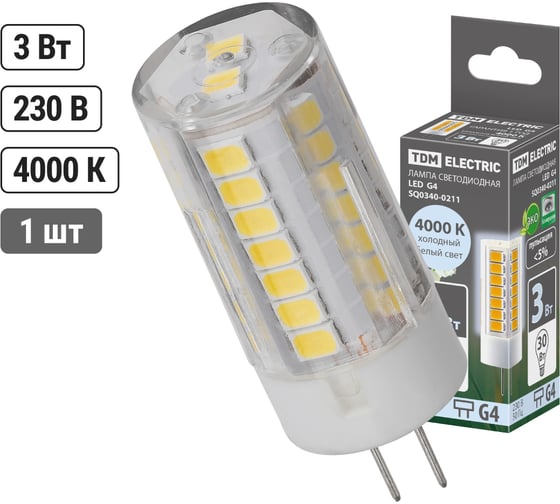 Светодиодная лампа TDM ELECTRIC G4-3 Вт-230 В-4000 К, SMD, 16x43 мм SQ0340-0211