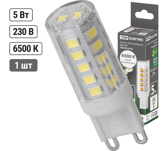 Светодиодная лампа TDM ELECTRIC G9-5 Вт-230 В-6500 К, SMD, 16x49 мм SQ0340-0224