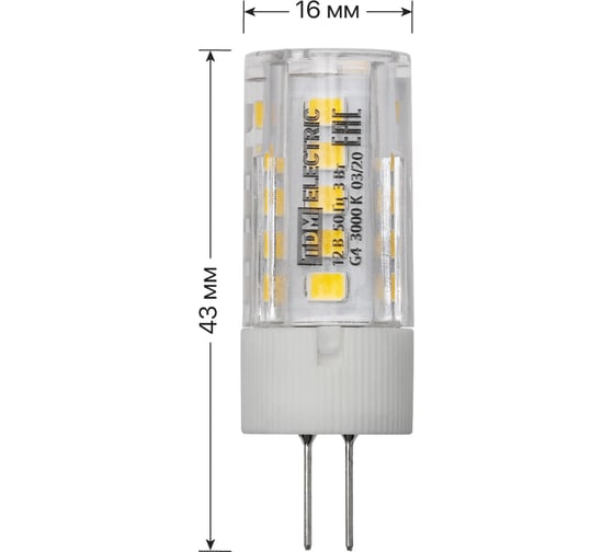 Светодиодная лампа TDM ELECTRIC G4-3 Вт-AC/DC 12 В-3000 К, SMD, 16x43 мм SQ0340-0093