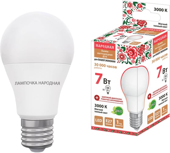 Светодиодная лампа TDM ELECTRIC НЛ-LED-A55-7 Вт-230 В-3000 К-Е27, 55x98 мм, Народная SQ0340-1505