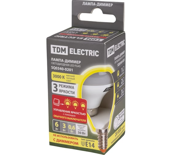 Светодиодная лампа TDM ELECTRIC FG45-6 Вт-230 В-3000 К–E14 "Лампа-ДИММЕР" SQ0340-0201
