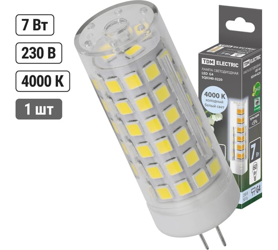 Светодиодная лампа TDM ELECTRIC G4-7 Вт-230 В-4000 К, SMD, 18,5x57 мм SQ0340-0220