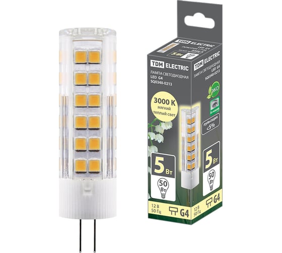 Светодиодная лампа TDM G4-5 Вт-AC/DC 12 В-3000 К, SMD, 16x57 мм SQ0340-0213