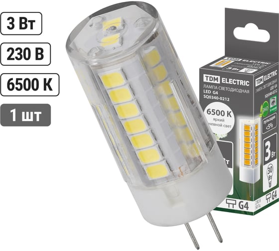Светодиодная лампа TDM ELECTRIC G4-3 Вт-230 В-6500 К, SMD, 16x43 мм SQ0340-0212