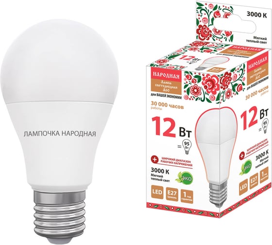 Светодиодная лампа TDM ELECTRIC НЛ-LED-A60-12 Вт-230 В-3000 К-Е27, 60х108 мм, Народная SQ0340-1511