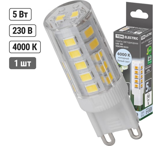 Светодиодная лампа TDM ELECTRIC G9-5 Вт-230 В-4000 К, SMD, 16x49 мм SQ0340-0223