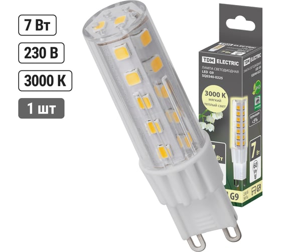 Светодиодная лампа TDM ELECTRIC G9-7 Вт-230 В-3000 К, SMD, 17,5x65,5 мм SQ0340-0225
