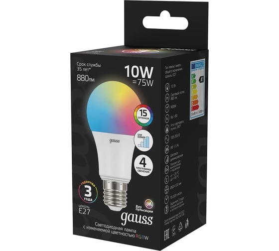 Лампа Gauss A60 10W E27 RGBW+димирование LED 1/50 102102410