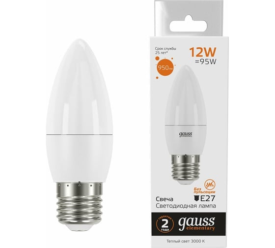 Лампа Gauss Elementary Свеча 12W 950lm 3000K E27 LED 1/10/100 30212