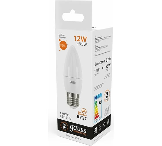 Лампа Gauss Elementary Свеча 12W 950lm 3000K E27 LED 1/10/100 30212