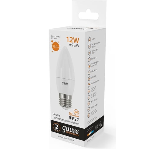 Лампа Gauss Elementary Свеча 12W 950lm 3000K E27 LED 1/10/100 30212