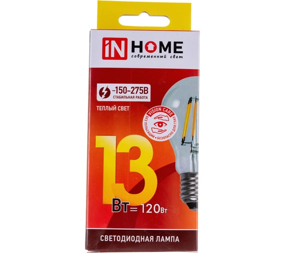 Светодиодная лампа IN HOME LED-A60-deco 13Вт 230В Е27 3000К 1170Лм прозрачная 4690612035581