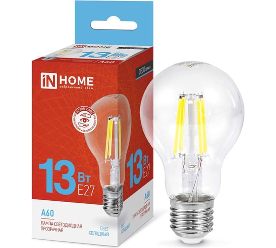 Светодиодная лампа IN HOME LED-A60-deco 13Вт 230В Е27 6500К 1370Лм прозрачная 4690612035628 1