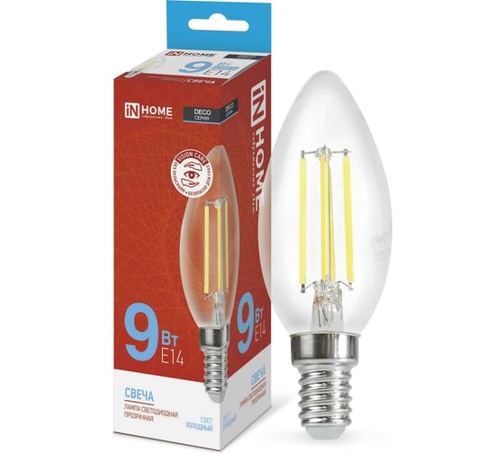 Светодиодная лампа IN HOME LED-СВЕЧА-deco 9Вт 230В Е14 6500К 1040Лм прозрачная 4690612030197