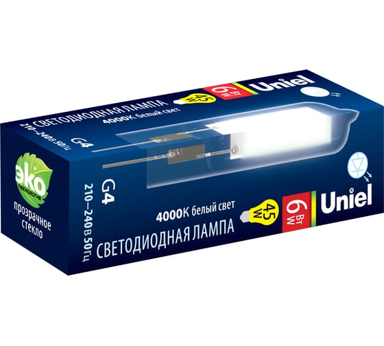 Светодиодная лампа Uniel 220, 6W, 4000K, G4, CL GLZ08TR картон LED-JC UL-00005066