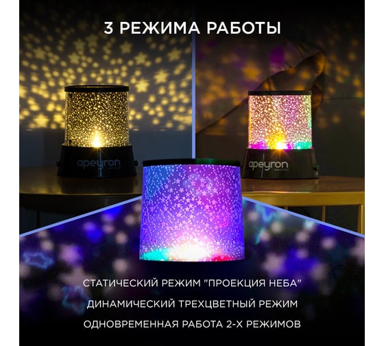 Светодиодный ночник-проектор Звездное небо Apeyron 3хАА, пластик, 110х120мм / 12-142