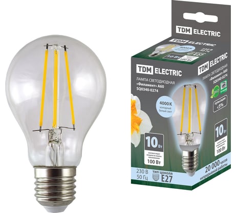 Светодиодная лампа TDM ELECTRIC "Филамент" А60-10 Вт-230 В-4000 К–E27 SQ0340-0274