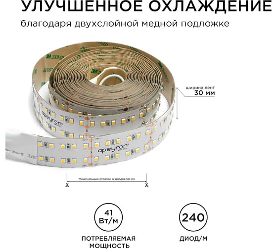 Светодиодная лента Apeyron 24В, 42Вт/м, smd2835, 240д/м, IP20, 4200Лм/м, подложка 30мм, 5м, 4000К 00-316