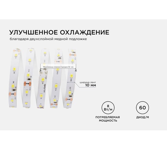 Светодиодная лента Apeyron 12В, 8Вт/м, smd2835, 60д/м, IP20, 800Лм/м, подложка 10мм/130