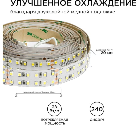 Светодиодная лента Apeyron 24В, 38Вт/м, smd2835, 240д/м, IP20, 3800Лм/м 00-304