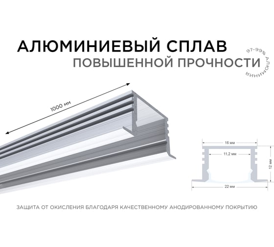 Врезной глубокий профиль APEYRON алюминиевый 12 мм для светодиодной ленты, 1 м. 08-11-01