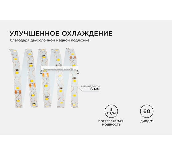 Светодиодная лента Apeyron 24В, 5Вт/м,smd2835, 60д/м, IP20, 400Лм/м, S-типа 6мм, 5м, холодный белый 351