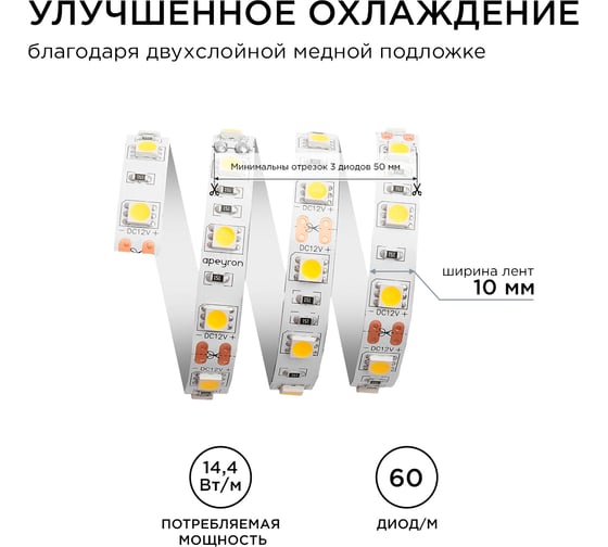 Светодиодная лента Apeyron 12В, 14,4Вт/м, smd5050, 60д/м, IP20, 700Лм/м, ширина подложки 10мм/129