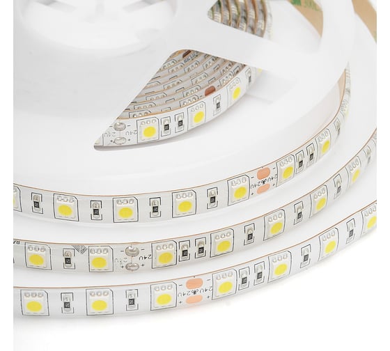 Светодиодная лента Apeyron 24В, 14,4Вт/м, smd5050, 60д/м, IP65, 1100Лм/м подложка 10мм, 5м, 6500К 00-318