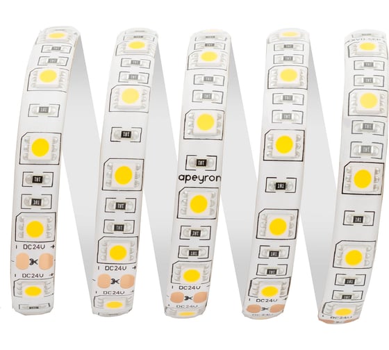 Светодиодная лента Apeyron 24В, 14,4Вт/м, smd5050, 60д/м, IP65, 1100Лм/м подложка 10мм, 5м, 6500К 00-318