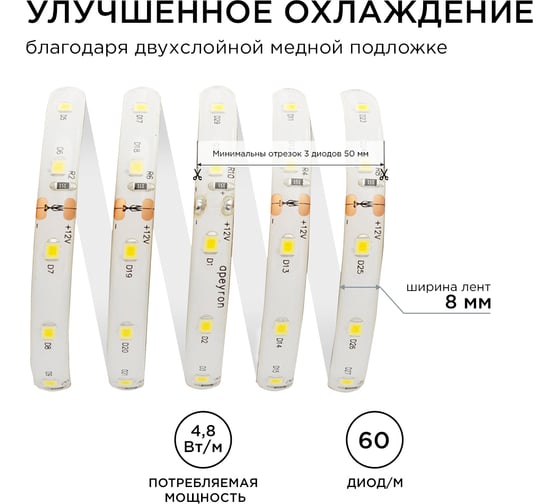 Светодиодная лента Apeyron 12В, 4,8Вт/м, smd3528, 60д/м, IP65, 280Лм/м, ширина подложки 8мм, 5м/147