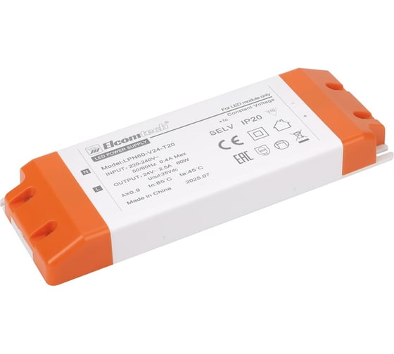 Драйвер ELCOMTECH LED 60W вход 220-240V, выход 24V 2,5A LPN60-V24-T20 УТ-00035244 1