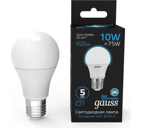 Лампа Gauss A60 10W 920lm 6500K E27 LED 102502310