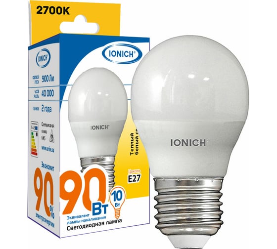 Светодиодная лампа IONICH Шар ILED-SMD2835-G45-10Вт-900Лм-230В-2700К-E27 1802