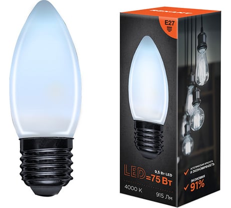 Филаментная лампа REXANT Свеча CN35 9.5 Вт 4000K E27 матовая колба 604-098