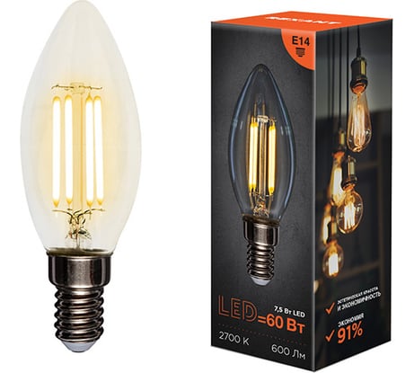 Филаментная лампа REXANT Свеча CN35 7.5 Вт 2700K E14 604-083