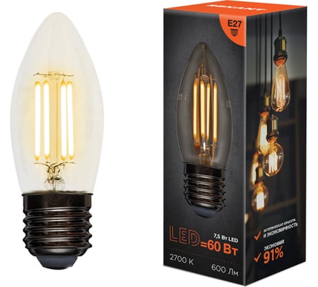 Филаментная лампа REXANT Свеча CN35 7.5 Вт 2700K E27 604-085