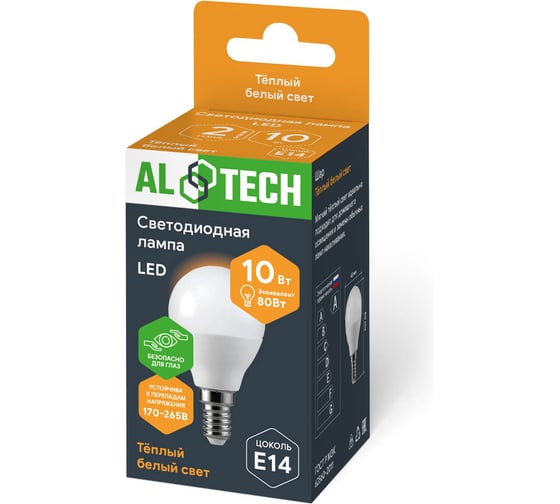 Лампочка светодиодная ALTECH LED G45-10W-830-Е14 10Вт, шарик, теплый белый свет 4673758070975 1