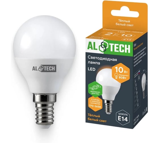 Лампочка светодиодная ALTECH LED G45-10W-830-Е14 10Вт, шарик, теплый белый свет 4673758070975