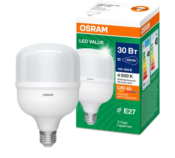 Лампа высокомощная светодиодная Osram LED HW T, 3000лм, 30Вт (замена 300Вт), 4000К, E27 4099854121272