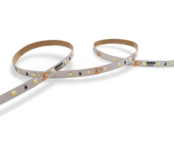 Светодиодная лента Wolta шириной 8 мм SMD2835, мощность 6Вт, 60 led/m, холодный белый свет 6500К, входное напряжение 12В, IP20, артикул WLS2835-6W/6500/12H60-01