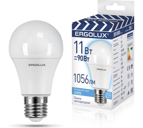 Светодиодная лампа ЛОН Ergolux LED-A60-11W-E27-4K 11Вт Е27 4500К 220-240В, ПРОМО 14459